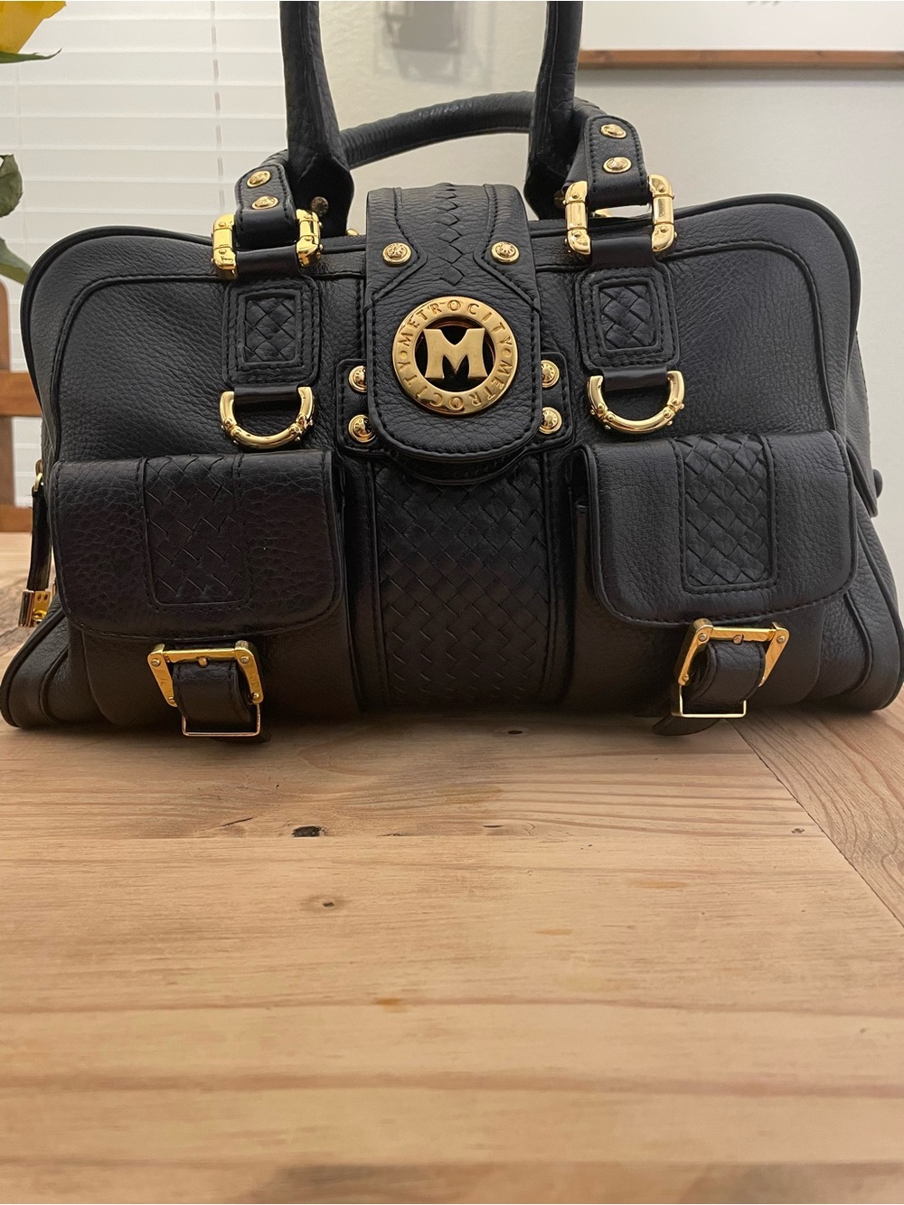 Metro City Mulberry Black Leather Men’s Satchel with Gold Hardware